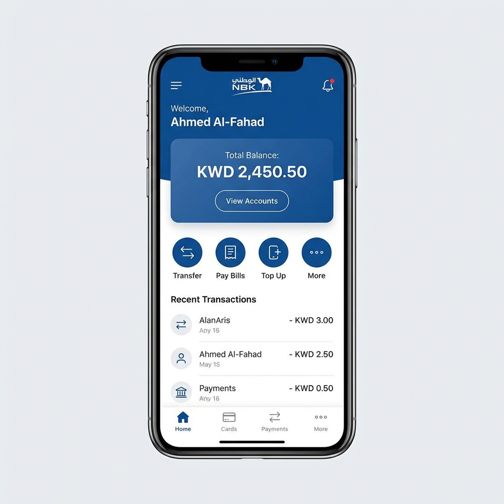 واجهة المستخدم للخدمات المصرفية عبر الإنترنت لبنك الكويت الوطني